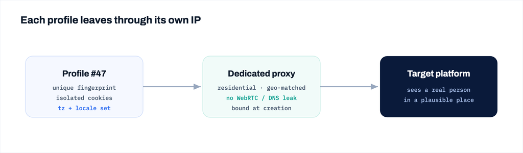 Flow diagram: profile through dedicated proxy to target platform